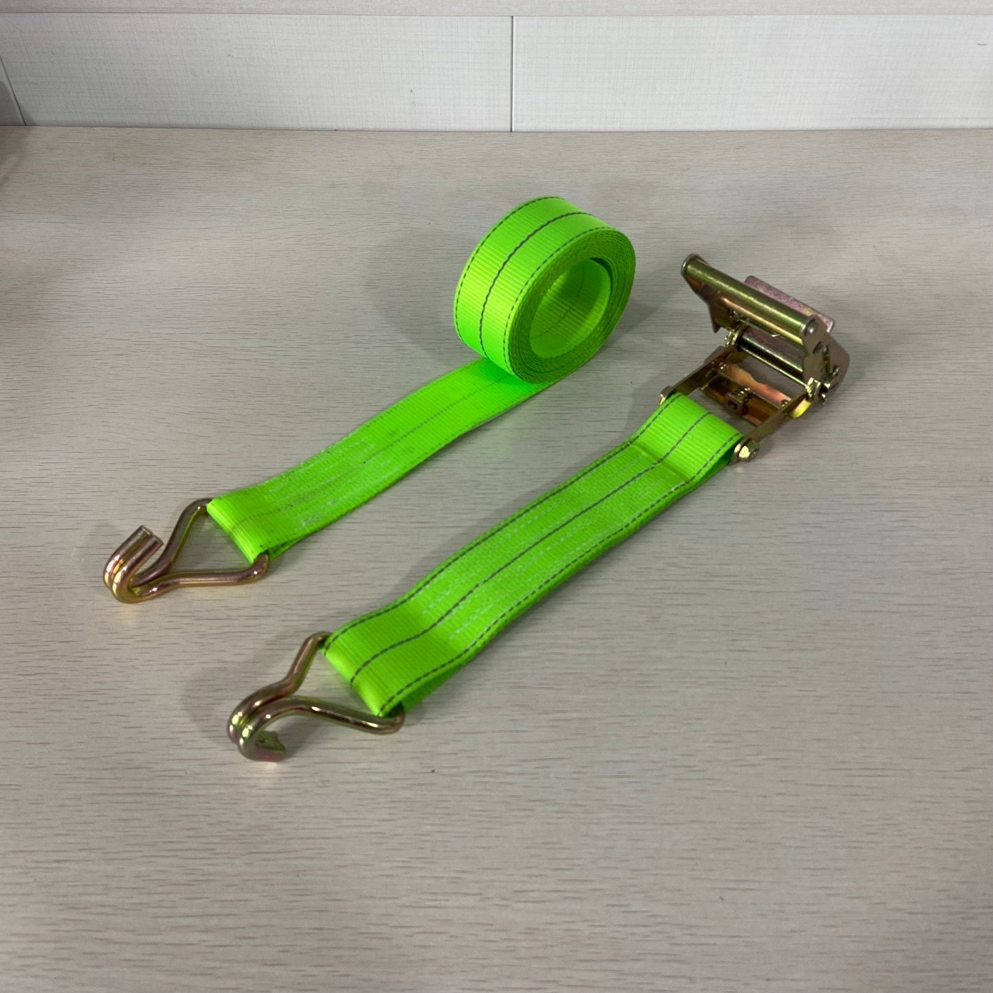 2” x 15FT Ratchet Tie Down Strap with Double J-Hooks – Neon Green – 3,300 lb Load Capacity RS1500