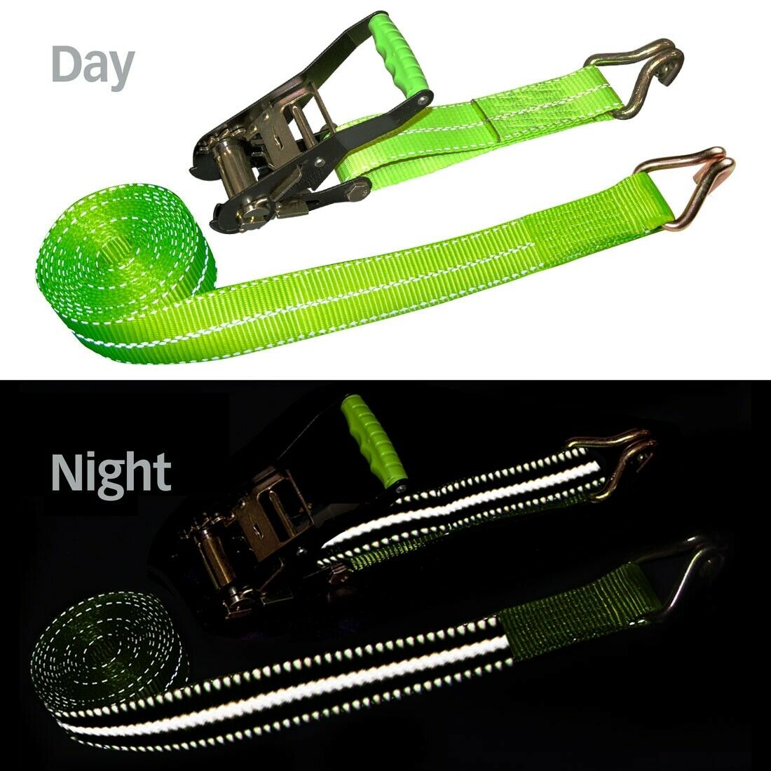 2” x 15FT Ratchet Tie Down Strap with Double J-Hooks – Neon Green – 3,300 lb Load Capacity RS1500