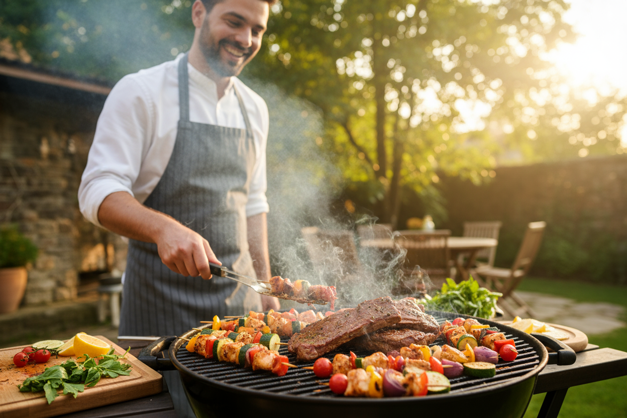 make a banner , someone cook bbq. 