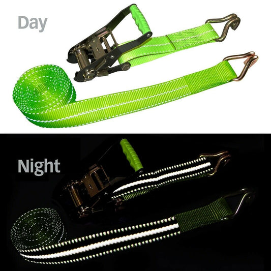 2” x 15FT Ratchet Tie Down Strap with Double J-Hooks – Neon Green – 3,300 lb Load Capacity RS1500